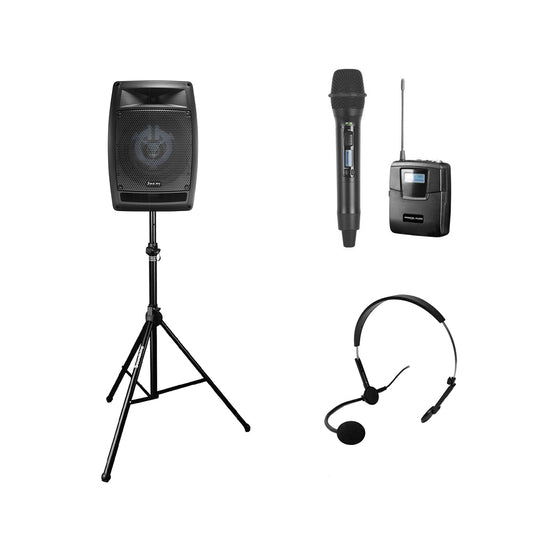 Hire - Helix Portable BATTERY PA 8" Speaker w/ x1 Wireless Mic + x1 Lapel Headset + x1 Speaker Stand