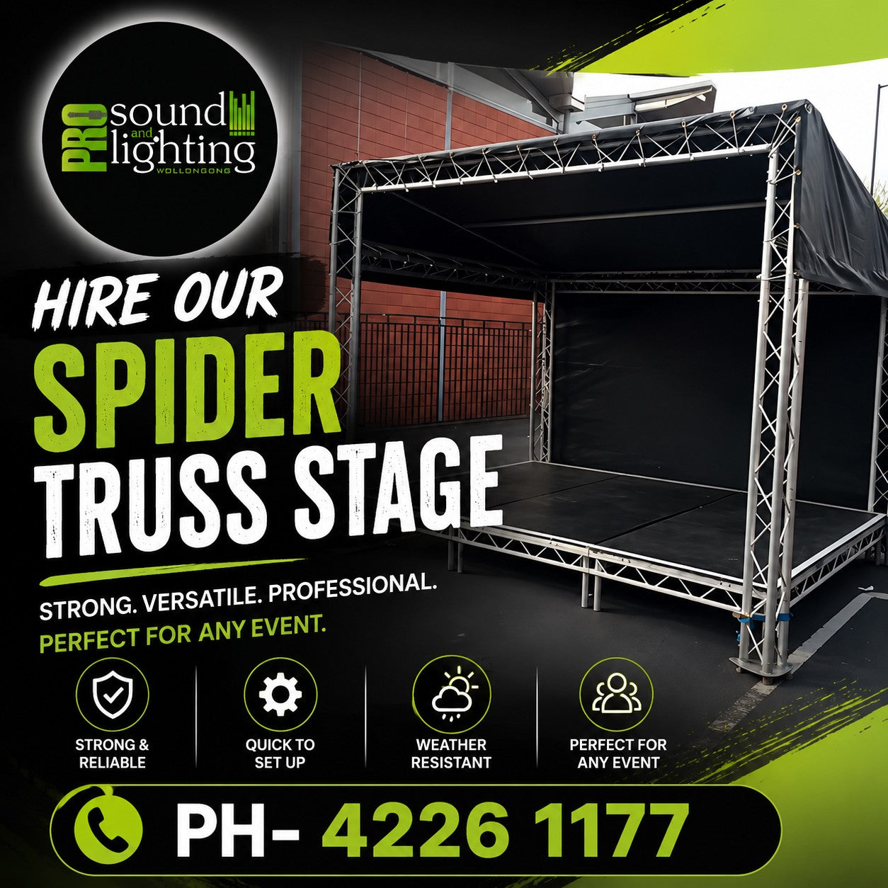 Hire - Spider Truss Stage 5mtrs x 4 mtrs including Cover Roof & Rear