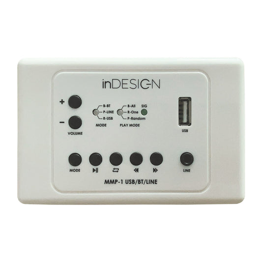inDESIGN Multimedia Player Wall Plate. USB and Bluetooth playback. 3.5mm and balanced LINE in/out