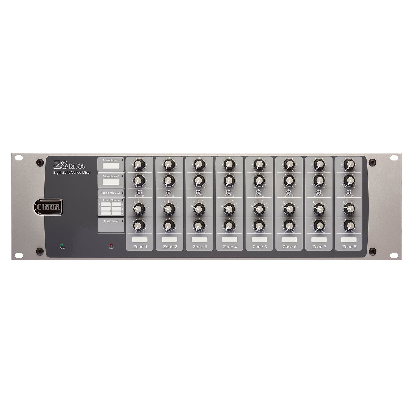 Cloud 8 zone venue mixer 6 Music inputs 2 mic inputs + paging mic 8 facility inputs. 8 o/put zones