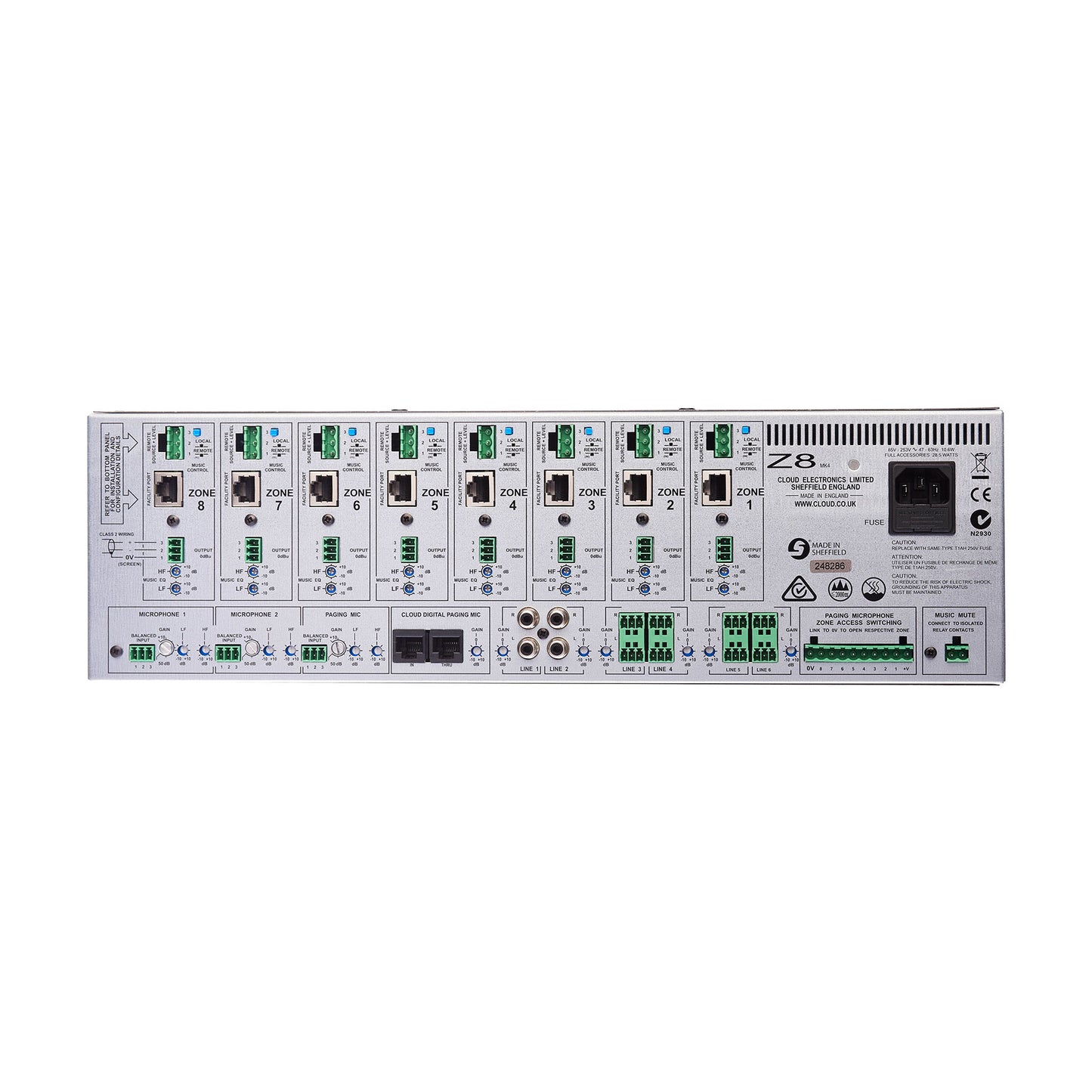 Cloud 8 zone venue mixer 6 Music inputs 2 mic inputs + paging mic 8 facility inputs. 8 o/put zones