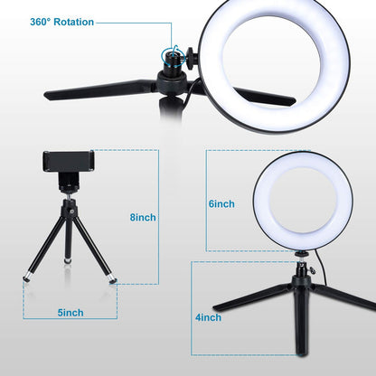 Video Light 6inch Mini LED Desktop Video Ring Light Selfie Lamp With Tripod Stand USB Plug