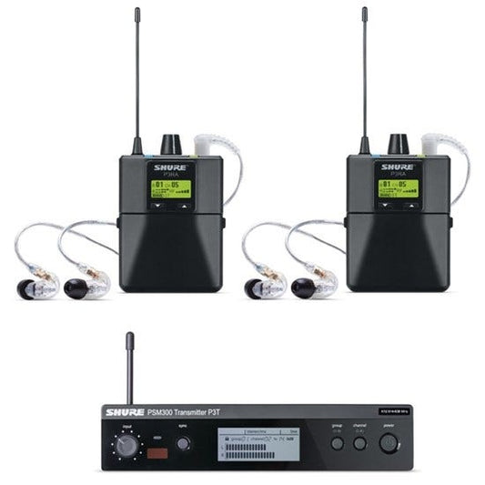 Shure PSM300 Twin Wireless System 584-608 MHz; includes 2x P3RA Bodypacks & 2x SE215-CL