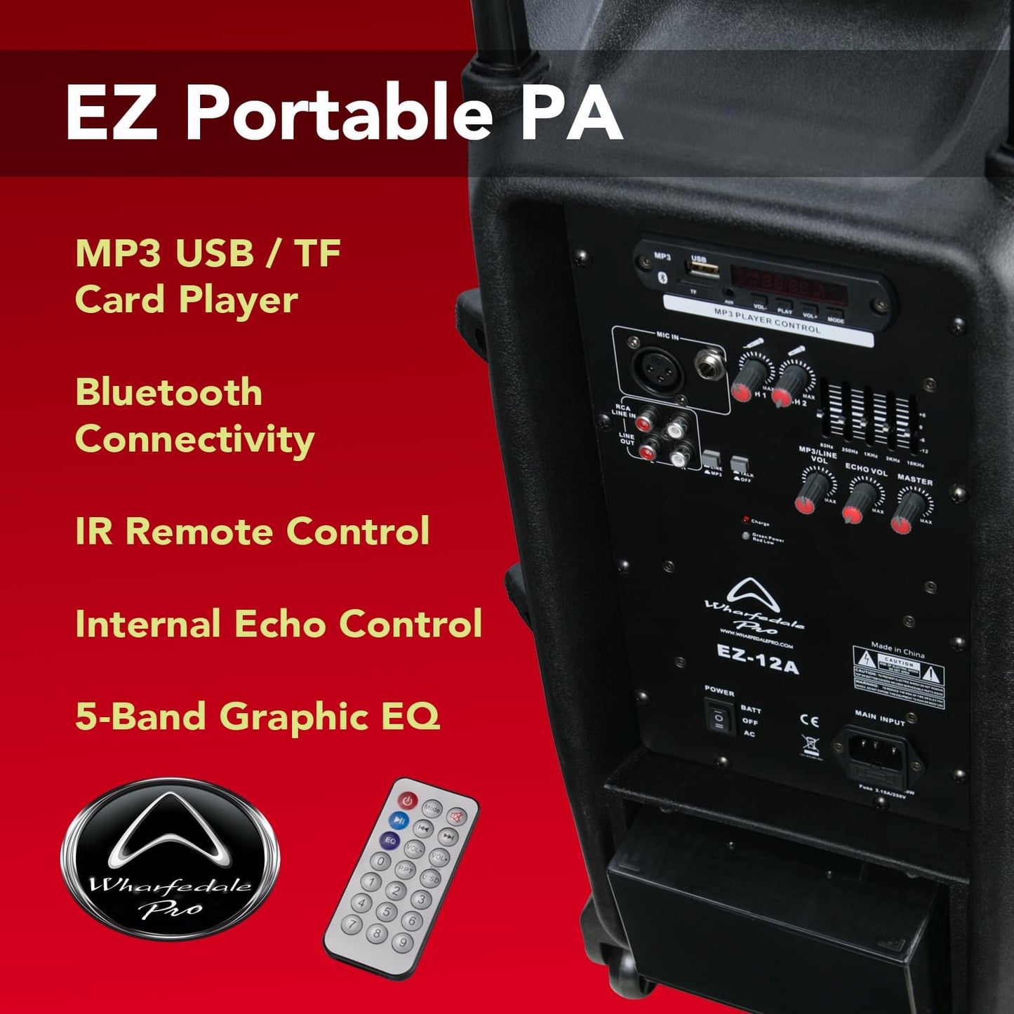 Wharfedale 12” EZ12A Portable Battery PA on Wheels with 2 Wireless Mics